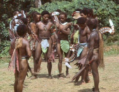 Kwaio men prepare for traditional dance, Solomon Islands