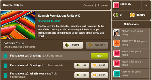Inside Livemocha: Earn points to buy lessons so you can learn Spanish free online.