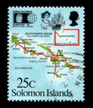 Map of the Solomon Islands on a postage stamp